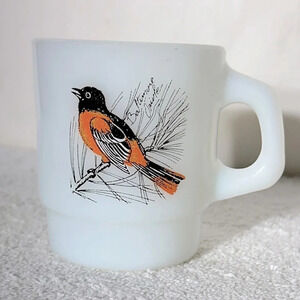 Vintage Anchor Hocking Fire King  Milk Glass Baltimore Oriole Stacking Mug
